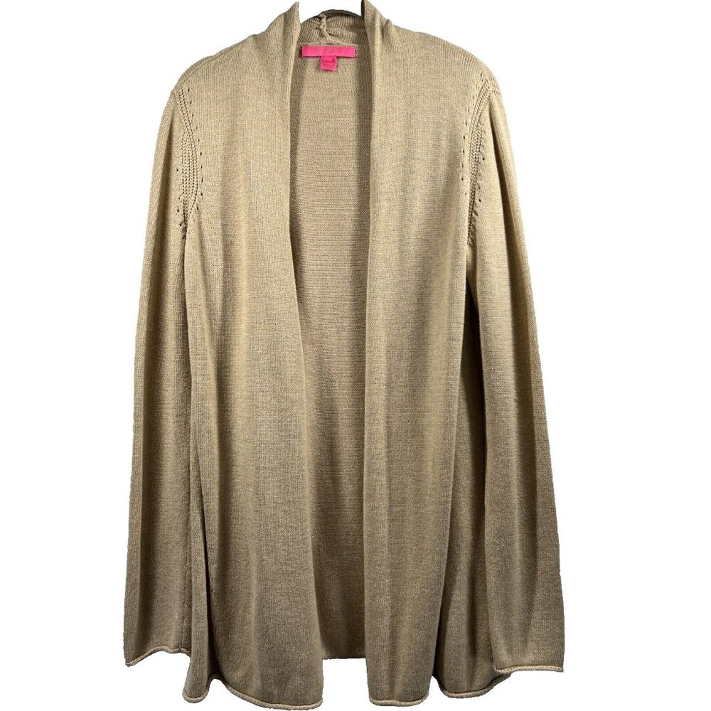 Lilly Pulitzer Womens Sweater Sz M Beige Open Front Gold Metallic Cashmere Blend